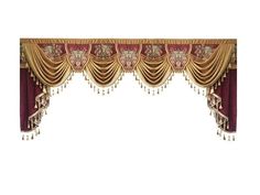 an image of a curtain with gold and red curtains on it's sides in front of a white background