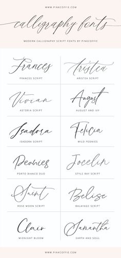 A selection of wedding and modern calligraphy script fonts + trendy hand-lettered script fonts created by PinkCoffie Modern Wedding Fonts, Romantic Script Fonts, Wedding Invitation Fonts, Calligraphy Script Fonts, Free Calligraphy Fonts