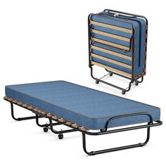 a bed with wheels and a blue mattress on the bottom one is attached to a black frame