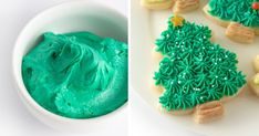 two pictures one with green frosting and the other with cookies decorated like christmas trees