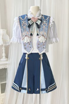 ❤︎Heavenly Messenger Cute Set❤︎ Candy Clothes Aesthetic, Blue Combination Color Outfit, Ouji Fashion Female, Sailor Outfit Aesthetic, Ouji Shorts, Magical Boy Outfit, Prince Dress, Prince Outfits, Heaven Clothes