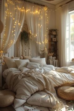 an unmade bed with lights strung from the ceiling