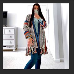 Bohemian Woven Pattern Jacket With Intricate Ethnic Jacquard Trim At Hem Nwt Bohemian Long Outerwear With Tassels, Long Bohemian Outerwear With Tassels, Bohemian Long Sleeve Fringe Outerwear, Bohemian Winter Cardigan With Tassels, Casual Multicolor Fringed Outerwear, Casual Multicolor Fringe Outerwear, Multicolor Fringe Winter Outerwear, Traditional Multicolor Cardigan For Fall, Hippie Long Fall Outerwear