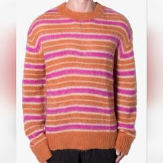 Elevate Your Winter, Fall, Or Spring Wardrobe With This Mnml Mohair Sweater. The Classic Fit And Pullover Style Make It Suitable For Travel, Casual Outings, Or Workwear. The Striped Pattern In Pink, Orange, And White Adds A Pop Of Color To Your Outfit. Crafted From High-Quality Mohair Material And Knit Fabric Type, This Sweater Is Both Soft And Durable. The Long Sleeves And Oversized Features Provide Added Comfort. This Sweater Will Fit Women Size M Meagerments In The Photo Excellent Condition Casual Mohair Crew Neck Top, Pink Mohair Sweater For Spring, Casual Mohair Sweater, Casual Pink Chunky Knit Top, Casual Mohair Sweater For Spring, Spring Casual Mohair Sweater, Multicolor Mohair Crew Neck Sweater, Multicolor Mohair Sweater With Crew Neck, Pink Mohair Sweater For Fall