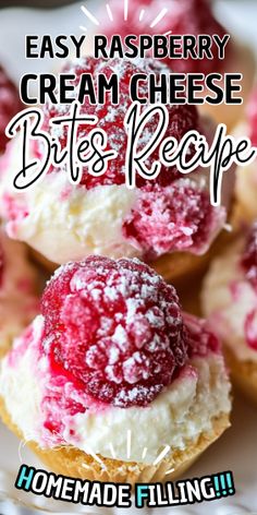 homemade raspberry cream cheese bites recipe on a white plate with text overlay