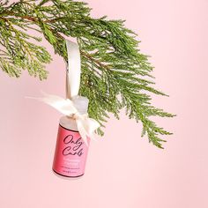 a pink spray bottle hanging from a tree branch on a pink background with white ribbon