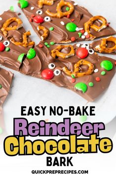 easy no - bake reindeer chocolate bark recipe with pretzels and pretzels