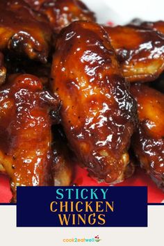 A close-up image of the wings. Under the picture is a blue graphic with the title in aqua and yellow letters. Bone In Chicken Wings, Sticky Wings, Sticky Chicken Wings, Weekend Recipes, New Chicken Recipes, Sticky Chicken, Quick And Easy Appetizers, Weekend Meals, Chicken Wing