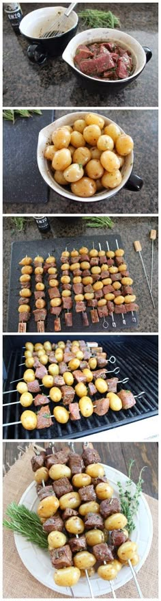 the steps to making skewered steak and potatoes are shown in three different pictures