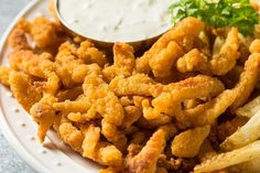 a white plate topped with fried food next to french fries and ranch dressing on top of it