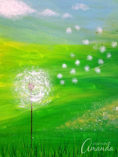 a painting of dandelions blowing in the wind on a green grass covered field