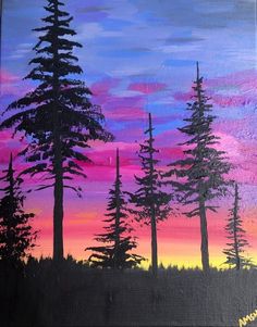 a painting of trees in the sunset with pink and blue sky behind them, painted on an acrylic board