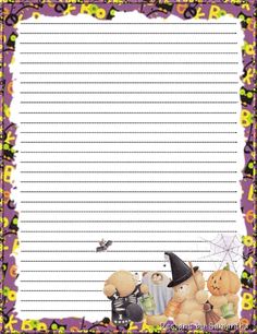 a halloween themed writing paper with teddy bears and witches in the corner, on a purple background