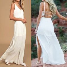 This Is The Ultimate Easy-Breezy-Dreamy Vacation Or Beach Wedding Dress!! A Surplice Rayon Bodice With A Plunging V-Neckline Meets A Strappy, Open Back And An Elastic Waistband. Lightweight Woven Rayon Maxi Skirt Is Flowy & Billowy And Has Sexy Slits Along Each Side. Lined To Mid-Thigh. Shell: 100% Rayon. Lining: 100% Polyester. Hand Wash Cold. Line Dry. Imported. Style 967282 Color : White Please Note Slight Discoloration At Waist (See Photos) Size Xs Length, Measured From Waist Band To Floor 4 Bohemian V-neck Maxi Dress With Side Slits, V-neck Maxi Dress With Side Slits For Beach, White Chiffon V-neck Maxi Dress, Elegant Split Maxi Dress For Vacation, Date Night V-neck Chiffon Maxi Dress, Bohemian Split Maxi Dress For Party, Bohemian Party Maxi Dress With Split, Bohemian Split Dress For Party, Bohemian Split Party Dress