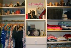 an organized closet with clothes, shoes and handbags on the shelves that have just peaching blog written on it