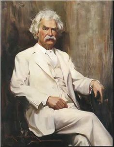 an oil painting of a man in a white suit and tie sitting on a chair