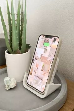 an iphone is sitting on top of a table next to a potted plant and a rock