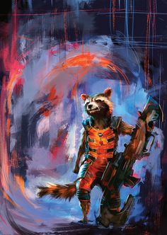 a painting of a rocket raccoon holding a piece of equipment in his hand