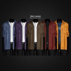 an assortment of shirts and jackets on display with the words shirt jacket in different colors