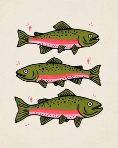 three fish with different colors on them are depicted in this illustration, one is green and the other is pink