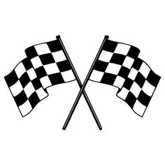 two crossed checkered flags waving in the wind on a white background, black and white illustration