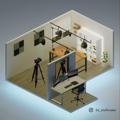 an aerial view of a room with a desk and camera