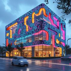 a large building with neon lights on it's side and cars passing by in front