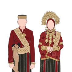 two people dressed in red and gold standing next to each other with their hands on their hips