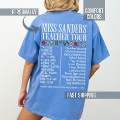 You will love this personalized teacher tour shirt for women teachers.  This trendy design is on the back of the shirt and the front is plain.  This will make a great end of year teacher gift or a great back to school t-shirt.  Wear as a group with your teacher team for an extra fun look.  These Comfort Colors brand tees are so soft and comfy.  This is great for the elementary, middle and high school teachers.  Comfort Colors T shirt Details: 100% ring-spun cotton Medium fabric (6.1 oz/yd² (206. Middle School Teacher Team Shirts, Teacher Back To School, Teacher Team, Comfort Colors Tshirt, Middle School Teachers, High School Teacher, Gift For Teacher, Grade School, Team Shirts