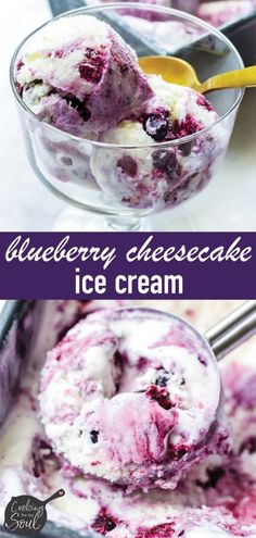 blueberry cheesecake ice cream in a glass bowl