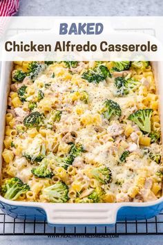 baked chicken alfredo casserole with broccoli and cheese in a blue dish