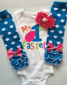 "*CURRENT PROCESSING TIME: 3-6 business days before shipment* Easter baby outfit, infant Easter clothes, baby Easter outfit, baby clothing, infant Easter clothing, 1st Easter, baby's first Easter Choose from 1 or all 3 pieces: 1. Short or long sleeved \"My 1st Easter\" bodysuit 2.Coordinating turquoise/white polka dot legwarmers with a pink bow on each. ATTN: these legwarmers are ONE-SIZED and will be large on babies under 15lbs, but can be rolled to fit better. 3. Shabby chic headband with pink Spring Playtime Fitted Onesie, Pink Onesie For Birthday In Spring, Cute Fitted Easter Sets, Cute Cotton Sets For Easter, Cute Cotton Onesie For Easter, Cute Onesie For First Birthday In Spring, Cute White Easter Outfit Set, Long Sleeve Birthday Sets For Spring, Cute White Easter Sets