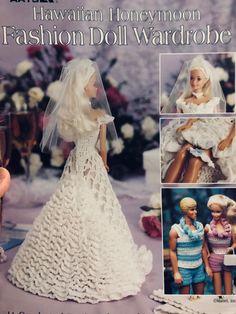 a crochet doll wedding dress and veil is featured in the knitting pattern for barbie's hawaiian honeymoon fashion doll wardrobe