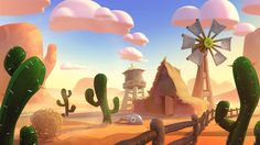 an animated desert scene with cactus trees and windmills