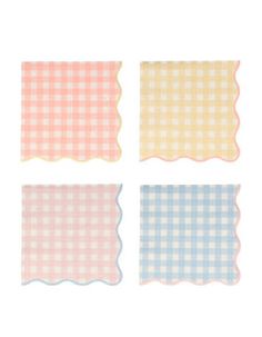 four different colored napkins with gingham checkers on the sides and one in blue