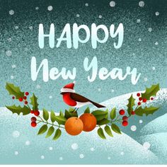 a happy new year card with a bird on a holly branch and oranges in the snow