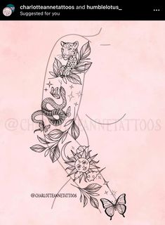 a tattoo design on the arm with flowers and butterflies in black ink, next to a pink background