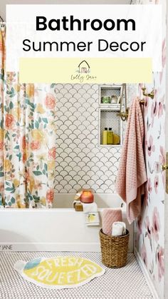 a bathroom with floral shower curtain and rug