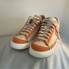 Nike Blazers Low Mens Size 8 Multi-Colored Custom Made Worn Once Retro Brown Lace-up Skate Shoes, Nike Retro Brown Sneakers, Sporty Brown Canvas Shoes For Streetwear, Nike Retro Skate Shoes With Contrast Sole, Orange Sporty Lace-up Canvas Shoes, Retro Skate Shoes With Laces, Sporty Orange Lace-up Canvas Shoes, Casual Orange Canvas Shoes For Streetwear, Nike Retro Lace-up Skate Shoes