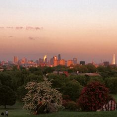 a city skyline is seen in the distance as people sit and stand on grass near trees