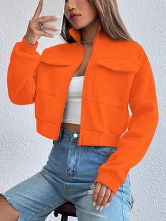 Orange Casual Collar Long Sleeve Fabric Plain Zip Up Embellished Medium Stretch  Women Clothing Sports Jackets Women, Drop Shoulder Sweatshirt, Orange Outfit, Orange Jacket, Cute Jackets, Orange Fashion, Fabric Medium, Women Hoodies Sweatshirts