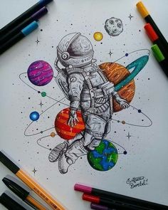 a drawing of an astronaut in outer space with planets and stars around him, surrounded by crayons