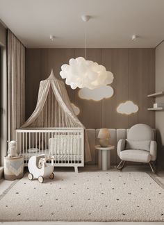 a baby's room with a crib, rocking chair, and clouds on the wall