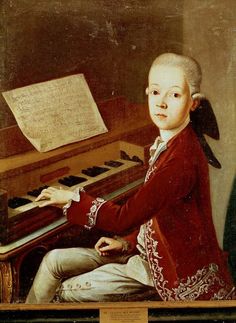 an old painting of a young boy playing the piano with sheet music in front of him