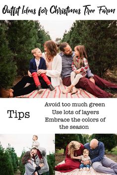 a family sitting on a blanket in the woods with christmas tree farm text overlay