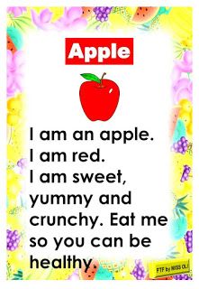 an apple poem with the words i am an apple, i am red, i am sweet, yummy and crunchy eat me so you can be healthy