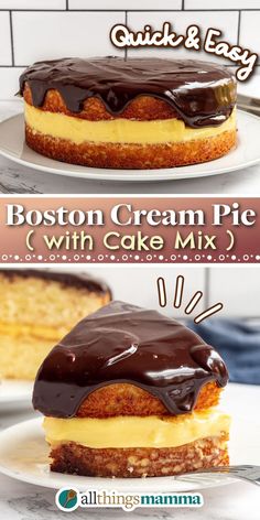 boston cream pie with cake mix is shown on a white plate and in the background there are two images