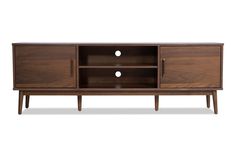 the sideboard is made out of wood and has two doors, one door open to reveal