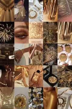 the collage shows many different types of gold jewelry