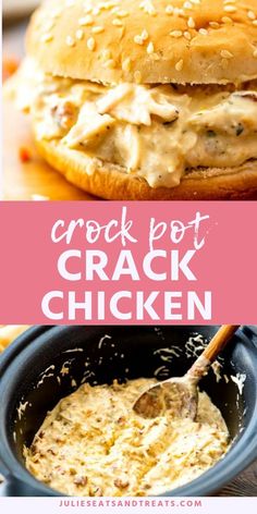 Crack Chicken is a delicious combination of shredded chicken, cream cheese, Ranch seasoning, cheese and bacon! It's slow cooked in your crock pot and is the perfect quick and easy sandwich filling for busy weeknight meals or quick lunches. #crack #chicken Crackin Chicken Crockpot, Chicken Sandwich In Crockpot, Crockpot Cheesy Chicken Sandwiches, Crock Pot Chicken With Cream Cheese And Ranch Dressing, Shredded Chicken With Cream Cheese, Crock Pot Meals With Cream Cheese, Easy Crock Pot Lunch Ideas, Crock Pot Cream Cheese Recipes, Cheesy Chicken Sandwiches Crockpot